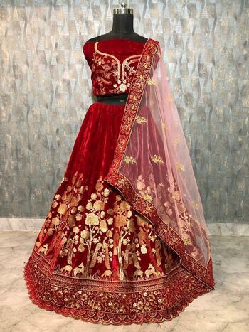 Jazzy Red Color Wedding Wear Velvet Embroidered Work Lehenga Choli