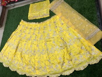 Wedding Wear Yellow Color Banglori Satin Jari Embroidered Work Lehenga Choli