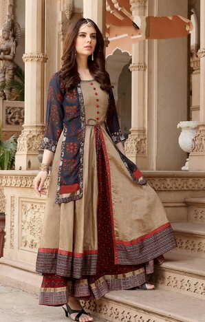 Novelty Navy Blue Chanderi Digital Printed Ready Wear Casual Wear Gown