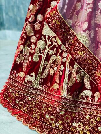 Jazzy Red Color Wedding Wear Velvet Embroidered Work Lehenga Choli