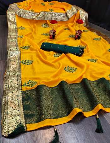 Yellow Jacquard Weaving Chine Stitched Stone Work Vichitra Silk Fancy Saree Blouse