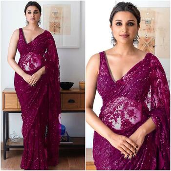 Rich Looking Wine Color Net Chain Stitched Work Saree Blouse For Wedding wear