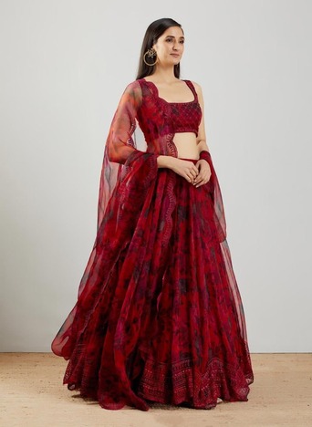 Imperial Red Color Embroidered Work Fancy Organza Lehenga Choli For Wedding Wear