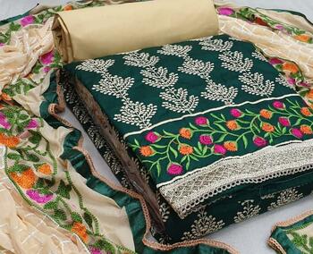 Divine Dark Green Colour Embroidered Cotton Suit Design Online