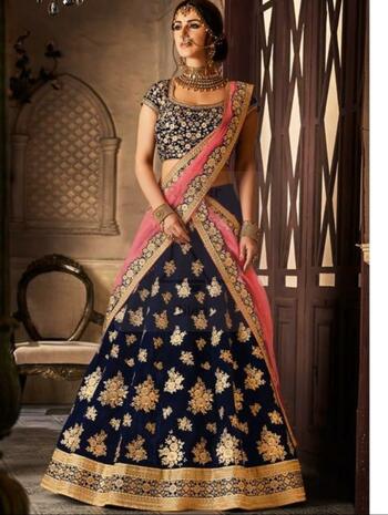 Admiring Navy Blue Color Wedding Wear Velvet Silk Embroidered Work Lehenga Choli Design