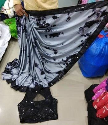 Grey Color Gajji Silk printed Saree with Readymade Black Blouse
