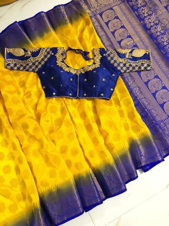 Yellow Nylon Silk Saree And Full Stitched Blouse For Wedding Wear