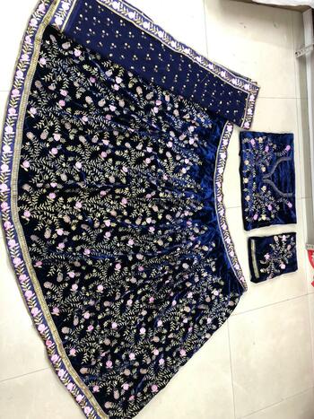 Awesome Royal Blue Velvet Embroidered Work Designer Lehenga Choli VT