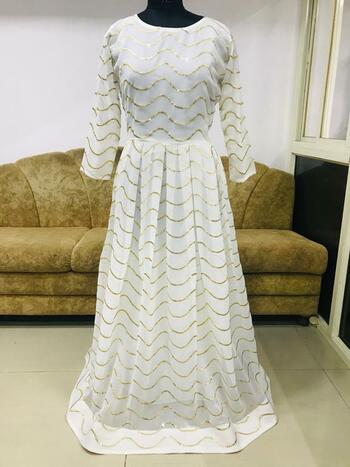 Adorable White Color Georgette Fancy Thread Sequence Work Party Wear Gown