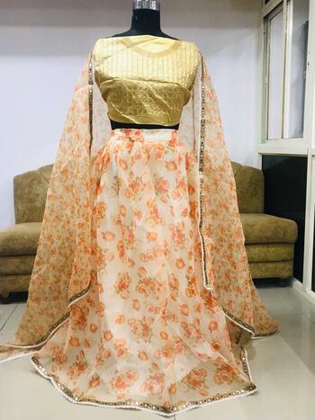 Glourious Orange Color Fancy Digital Printed Organza Silk Thread Work Wedding Wear Lehenga Choli
