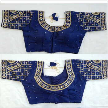 Navy Blue Hand Stone Thread Embroidered Work Readymade Blouse Design Online