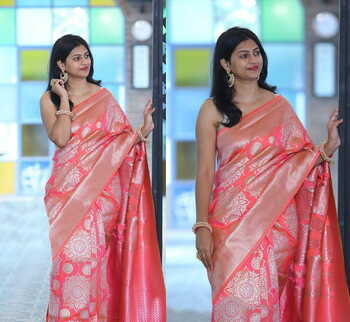 Tremendously Light Pink Color Designer Banarasi Flower Design Rich Pallu Saree Blouse For Festival Wear