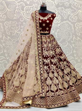 Maroon Color Festive Wear Velvet Diamond Thread Embroidered Work Lehenga Choli