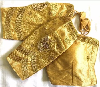 Golden Color Party Wear Silk Design Full Stitched Stone Work Blouse