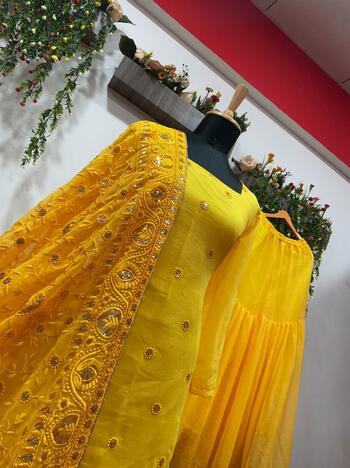Yellow Full Stitched Georgette Sequence Work Sharara Salwar Suit