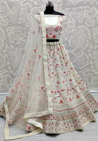 Off White Bridal Wear Embroidered Thread Multi Diamond Work Soft Net Lehenga Choli