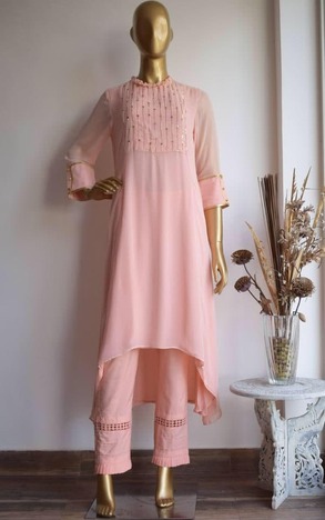 Peach Color Cotton Silk Ready Made Party Wear Hand Work Pent Kurti