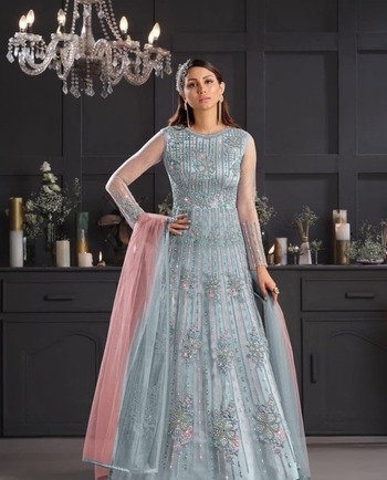 Grey Color Bridal Wear Net Designer Embroidered Work Salwar Suit