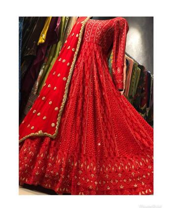 Classic Red Georgette With Chain Stitch Work Salwar Suit VT