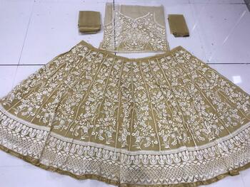 Beautiful Chiku Colored Net With Embroidered Work Lehenga Choli