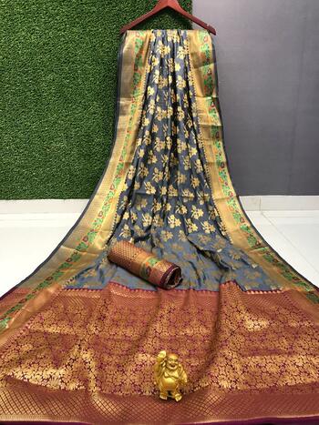 Staggering Grey Color Festive Wear Banarasi Soft Silk Lichi Zari Butta Minakari Weaving Jacquard Work Saree Blouse