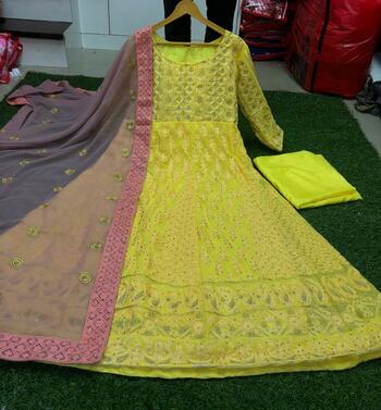 Beautiful Yellow Georgette With Chain Stitch Work Salwar Suit