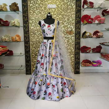 Preferable Grey Color Wedding Wear Designer Heavy Digital Printed Fancy Taffeta Silk Lehenga Choli