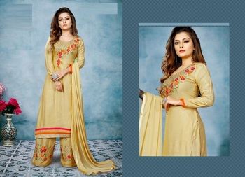 Awesome Light Gold Color Rayon Embroidered Stitched Kurta With Work Plazzo Design