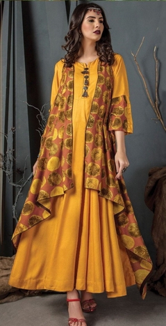 Party Wear Yellow Color Cotton Rayon Digital Printed Gown For Women