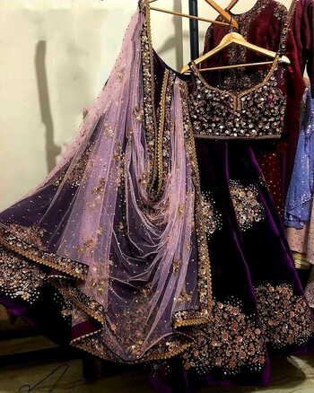 Mind-blowing Purple Color Designer Velvet Fancy Embroidered Work Wedding Wear Lehenga Choli