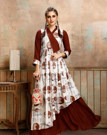 Brown Color Occasion Wear Cotton Rayon Full Stitched Printed Gown