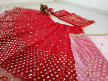 Classic Red Net Embroidered Sequence Work Lehenga Choli V Design Online