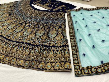 Exquisite Navy Blue Color Embroidered Work Velvet Function Wear Lehenga Choli