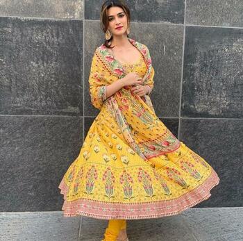 Awesome Yellow Printed Crep Silk Dress Material Design For Function