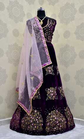 Mind-blowing Purple Color Designer Velvet Fancy Embroidered Work Wedding Wear Lehenga Choli