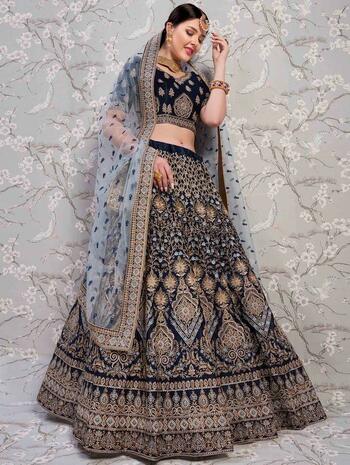 Exquisite Navy Blue Color Embroidered Work Velvet Function Wear Lehenga Choli