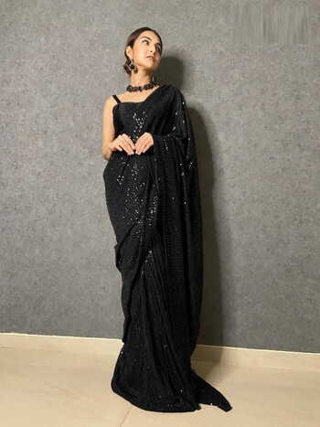 Amazing Black Heavy Sequence Embroidered Designer Saree For Girls wear