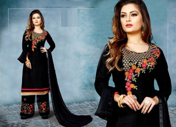 Fabulous Black Color Stitched Rayon Kurta With Work Plazzo For Women