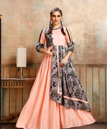 Lovely Peach Color Full Stitched Cotton Rayon Printed Gown For Function Wear