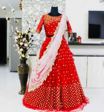 Classic Red Net Embroidered Sequence Work Lehenga Choli V Design Online