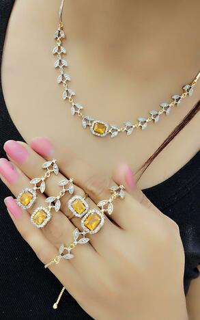 Extraordinary Yellow Color Artificial Diamond Occasion Wear Necklace Set