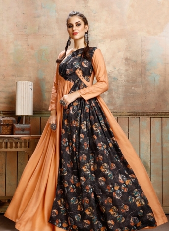 Jazzy Mustard Color Ready Made Cotton Rayon Printed Gown For Party Wear