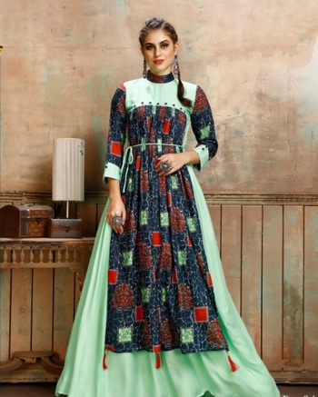 Light Green Color Cotton Rayon Printed Full Stitched Gown For Function Wear