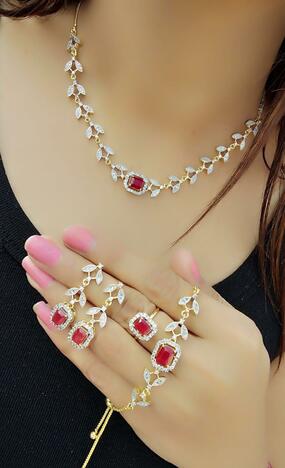 Amazing Red Color Artificial Diamond Necklace Set For Ladies