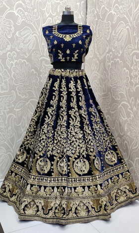 Groovy Navy Blue Color Designer Pure Velvet Thread Zari Diamond Work Lehenge Choli