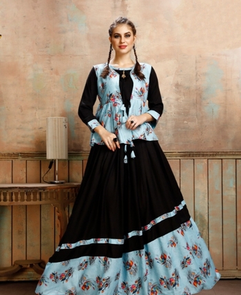 Surpassing Black Color Cotton Rayon Printed Ready Made Gown For Women