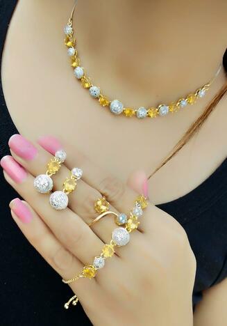 Astonishing Golden Color American Diamond Necklace Set For Women