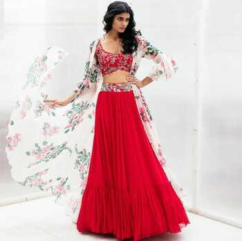 Bewildering Red Color Georgette Embroidered Work Indo Western Lehenga Choli For Wedding Wear
