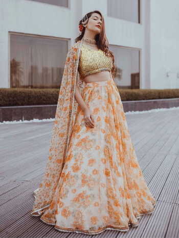 Glourious Orange Color Fancy Digital Printed Organza Silk Thread Work Wedding Wear Lehenga Choli