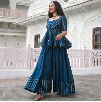 Awesome Blue Color Wedding Wear Muslin Embroidered Work Designer Sharara Salwar Suit